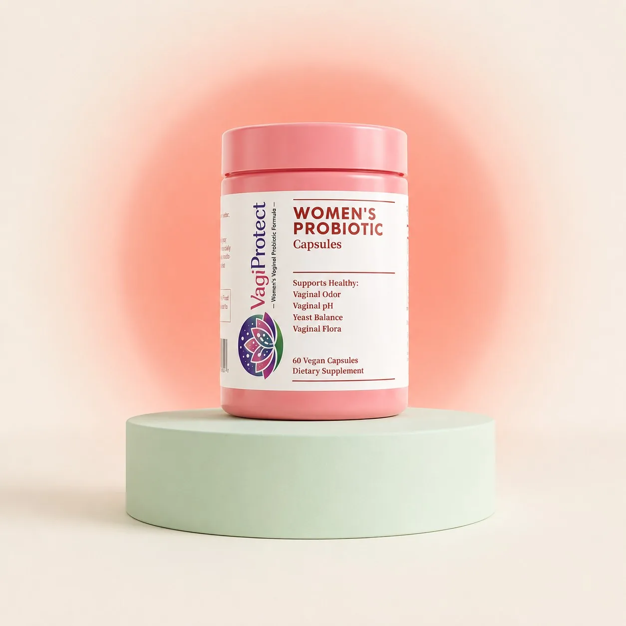 VagiProtect Women's Probiotic Capsules bottle on a podium
