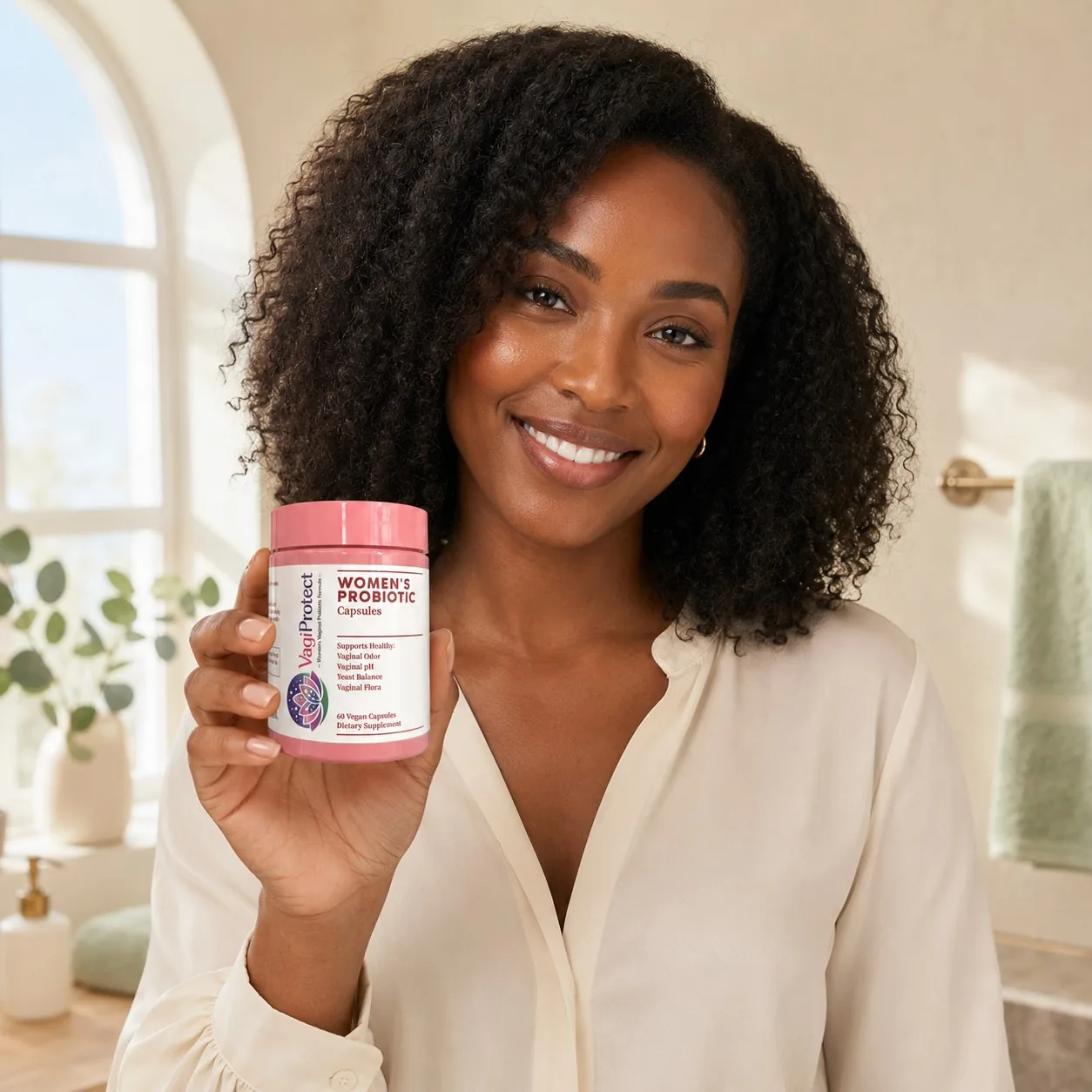 Smiling woman holding VagiProtect bottle