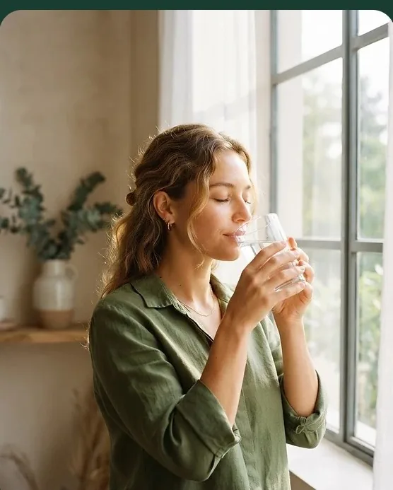 Woman drinking a glass of water by a window